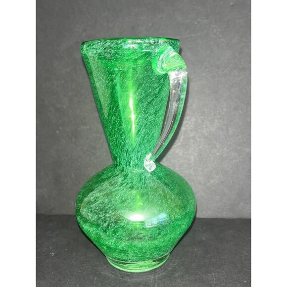 Green Handblown Glass Pitcher Clear Applied Handle 6.5" Tall Vintage Vase - Picture 3 of 6